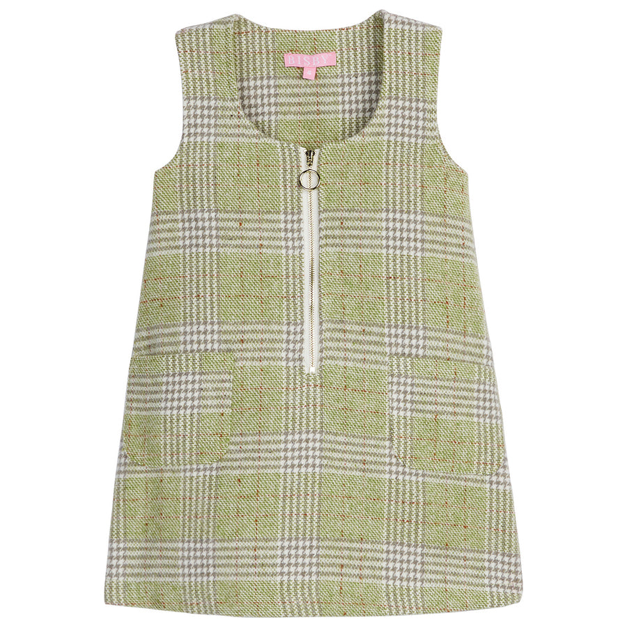 Sage Green Plaid (tweed) Sleeveless Jumper with white/gold zipper down middle (quarterzip)--RetroJumper BISBY girl/teen