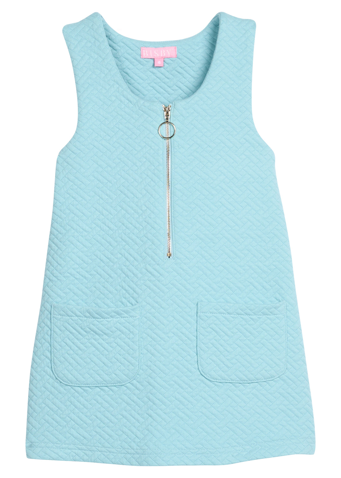 Girls/tween quilted jumper in aqua that features functional pockets in front of jumper and gold quarter zip sweater for an elevated look.