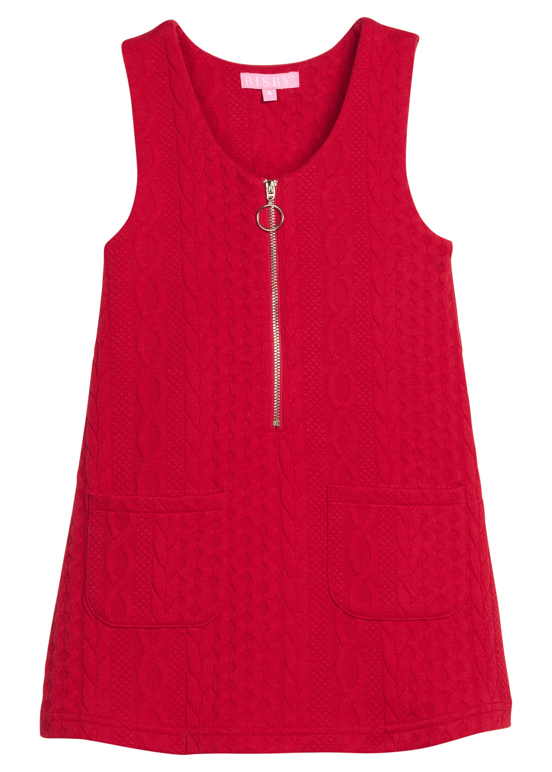 Girls/tween cable knit jumper in cherry red that features functional pockets in front of jumper and gold quarter zip sweater for an elevated look.