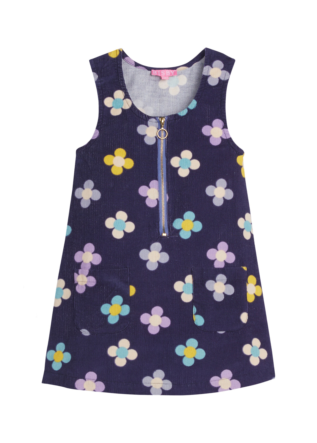 Girls/Tween jumper in our Flower Power floral pattern which features large cream/purple/turquoise/yellow flower pattern on a navy background. The fabric is made of a lightweight corduroy fabric and is super soft. Jumper also has a gold zipper detail and pockets on the front-BISBY