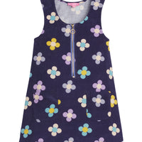 Girls/Tween jumper in our Flower Power floral pattern which features large cream/purple/turquoise/yellow flower pattern on a navy background. The fabric is made of a lightweight corduroy fabric and is super soft. Jumper also has a gold zipper detail and pockets on the front-BISBY