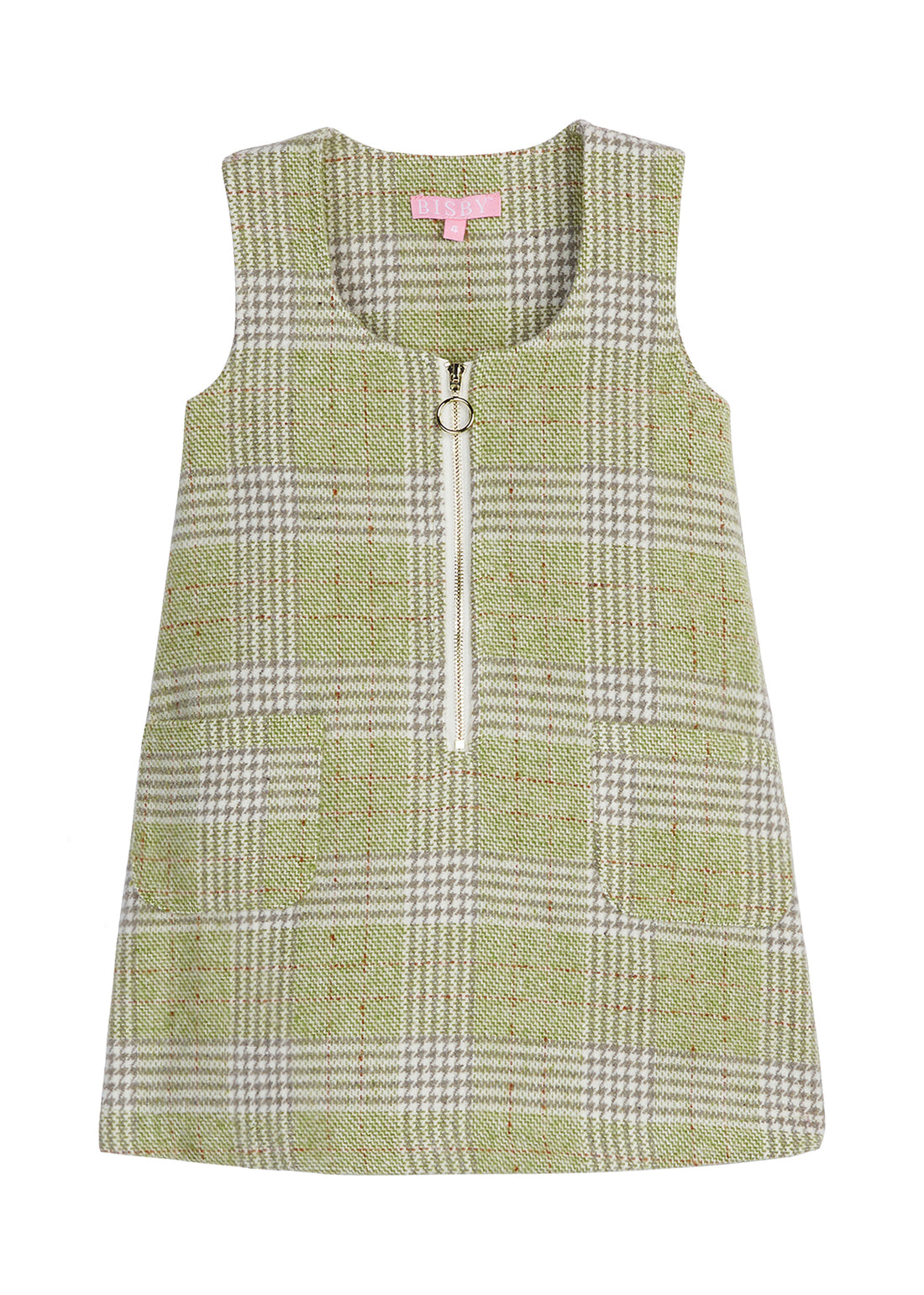 Sage Green Plaid (tweed) Sleeveless Jumper with white/gold zipper down middle (quarterzip)--RetroJumper BISBY girl/teen