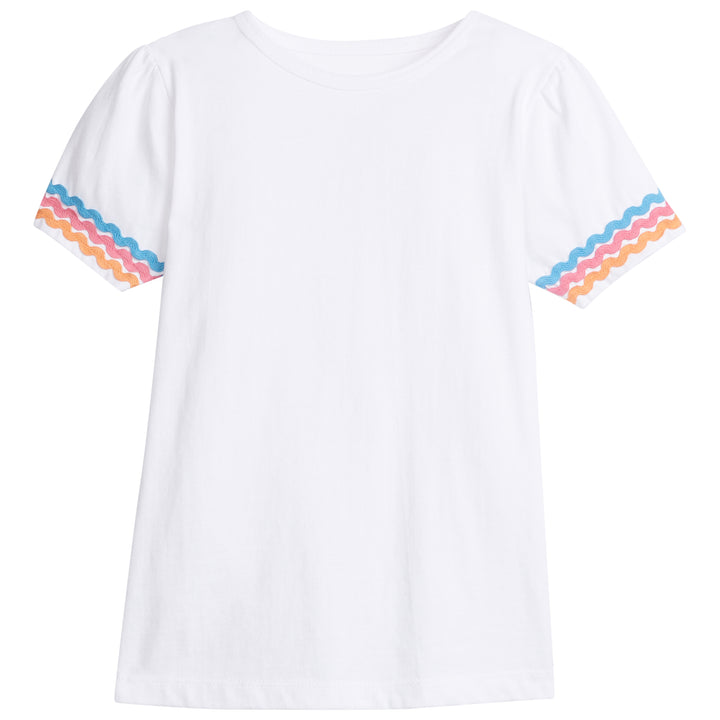 Girl/teen white basic t-shirt that has blue, pink, and orange rice-rac pattern along bottoms of sleeves.