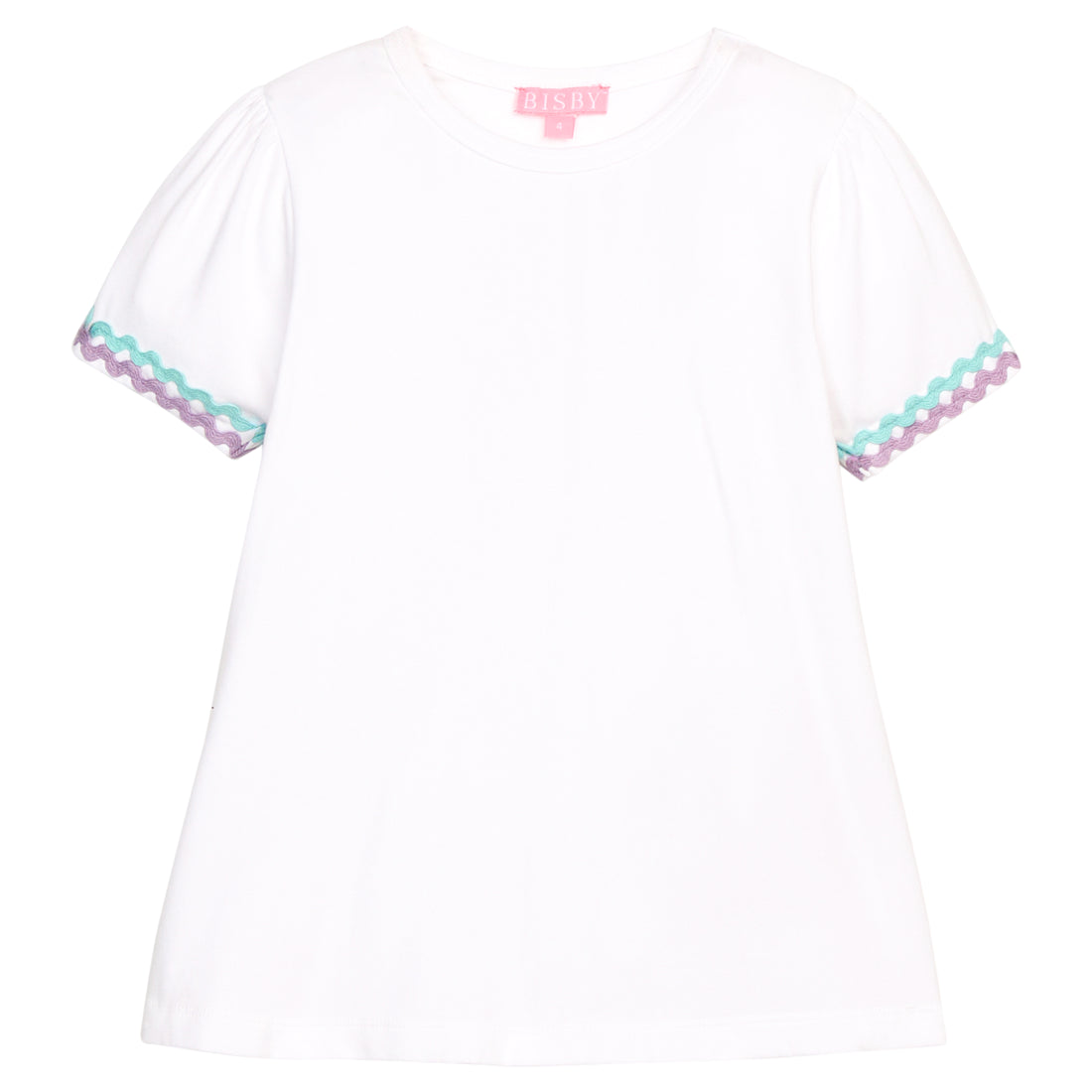BISBY girl basic white tee with aqua and lavender ric rac detailing at sleeves. 