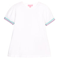 BISBY girl basic white tee with aqua and lavender ric rac detailing at sleeves. 