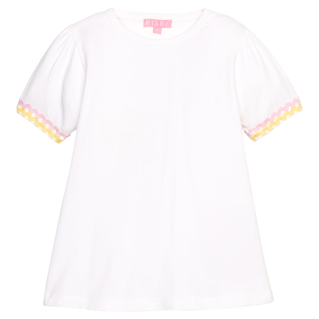 BISBY girl basic white tee with pink and yellow ric rac detailing at sleeves. 