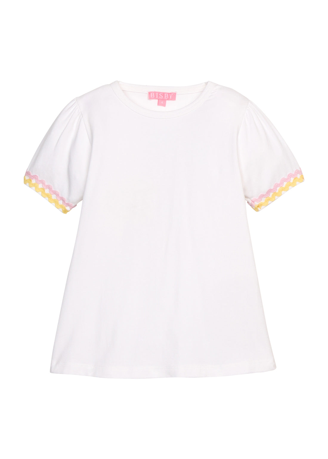 BISBY girl basic white tee with pink and yellow ric rac detailing at sleeves.
