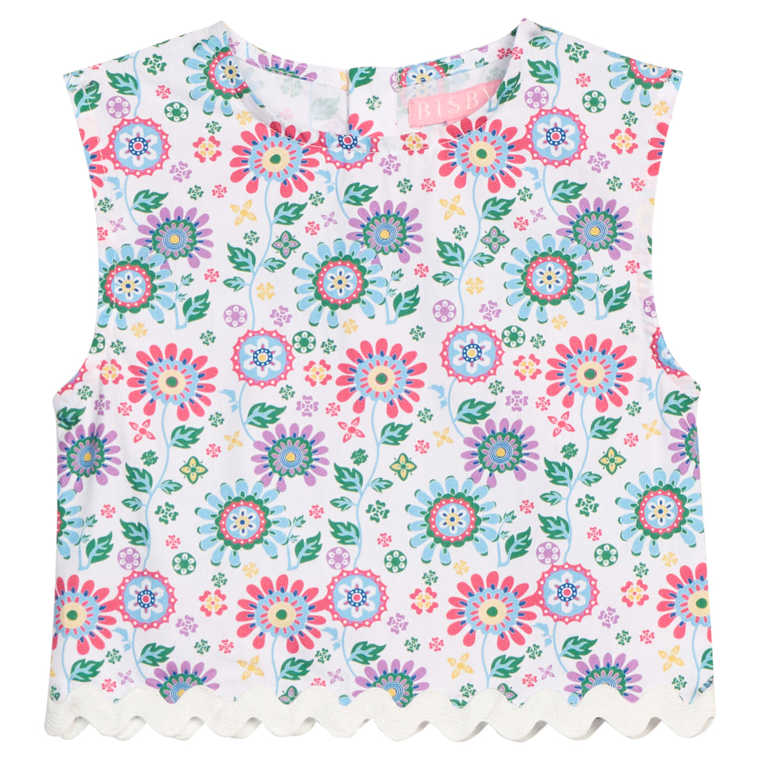 BISBY girl woven shell tank top in a beautiful rainbow colored floral. Top features a keyhole button closure at back and white ric rac detail along bottom for an elevated look. 