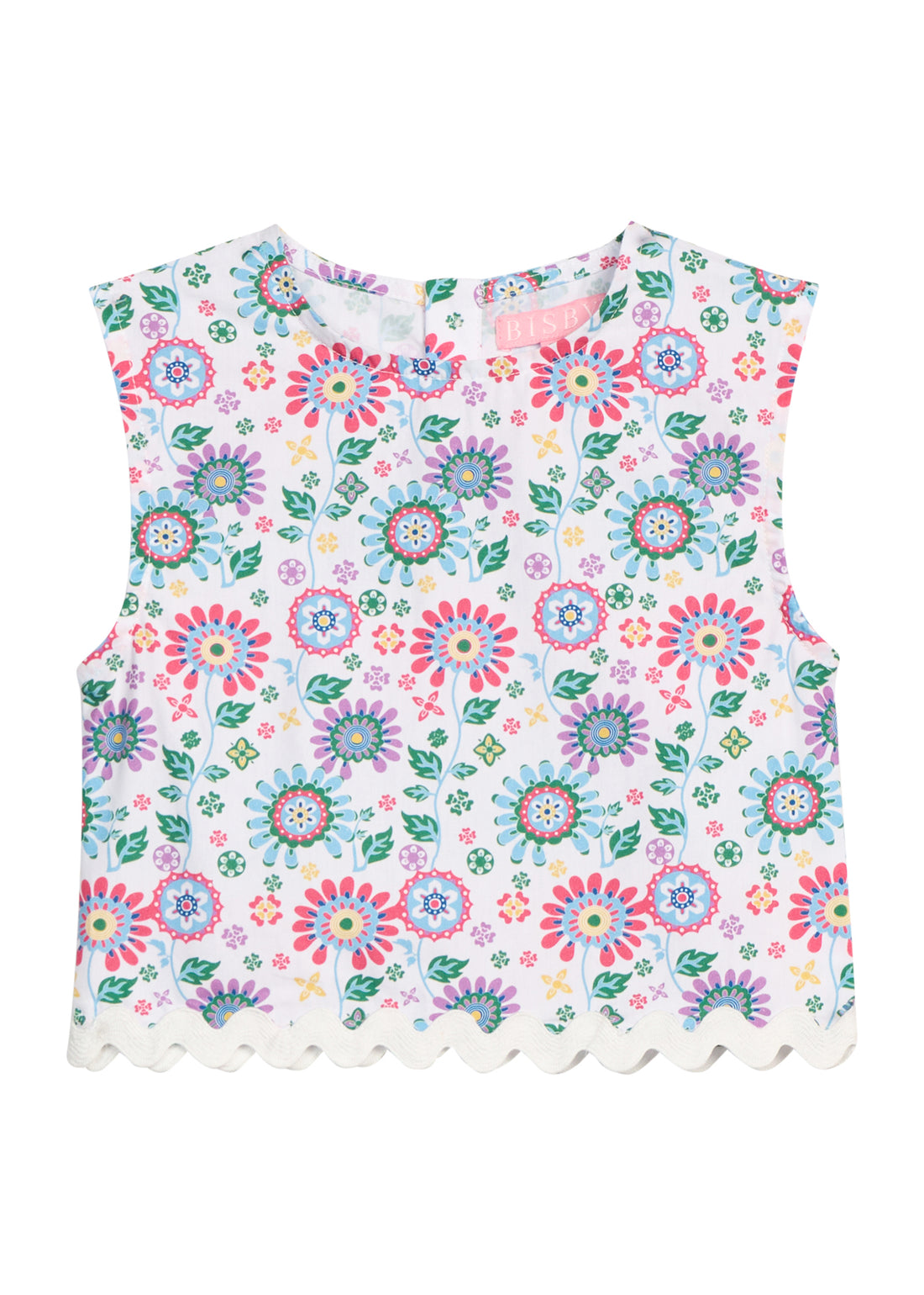 BISBY girl woven shell tank top in a beautiful rainbow colored floral. Top features a keyhole button closure at back and white ric rac detail along bottom for an elevated look.
