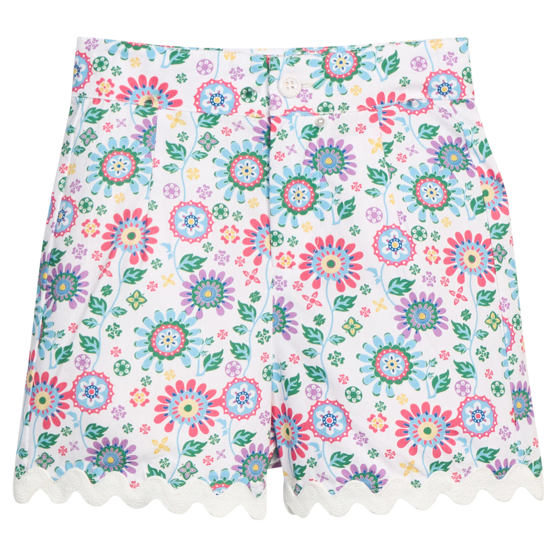 BISBY girl woven ric rac shorts in a beautiful rainbow colored floral. Shorts feature a button closure at front, pockets, and white ric rac detail along bottom of shorts for an elevated look.