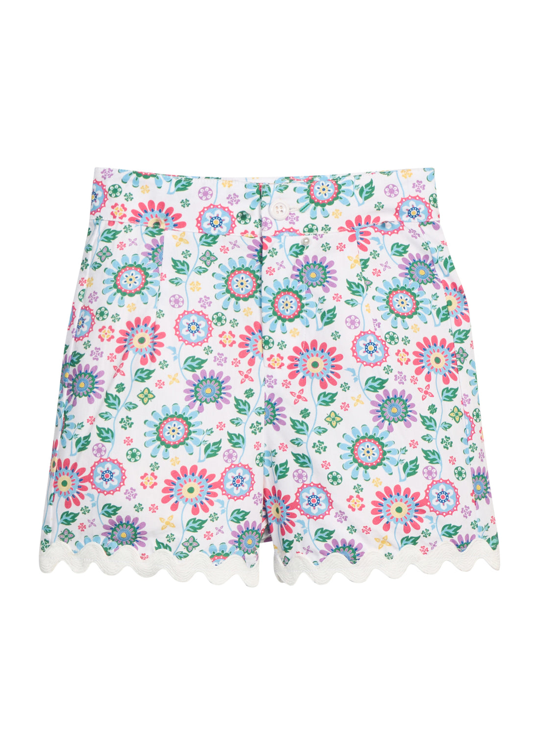 BISBY girl woven ric rac shorts in a beautiful rainbow colored floral. Shorts feature a button closure at front, pockets, and white ric rac detail along bottom of shorts for an elevated look.