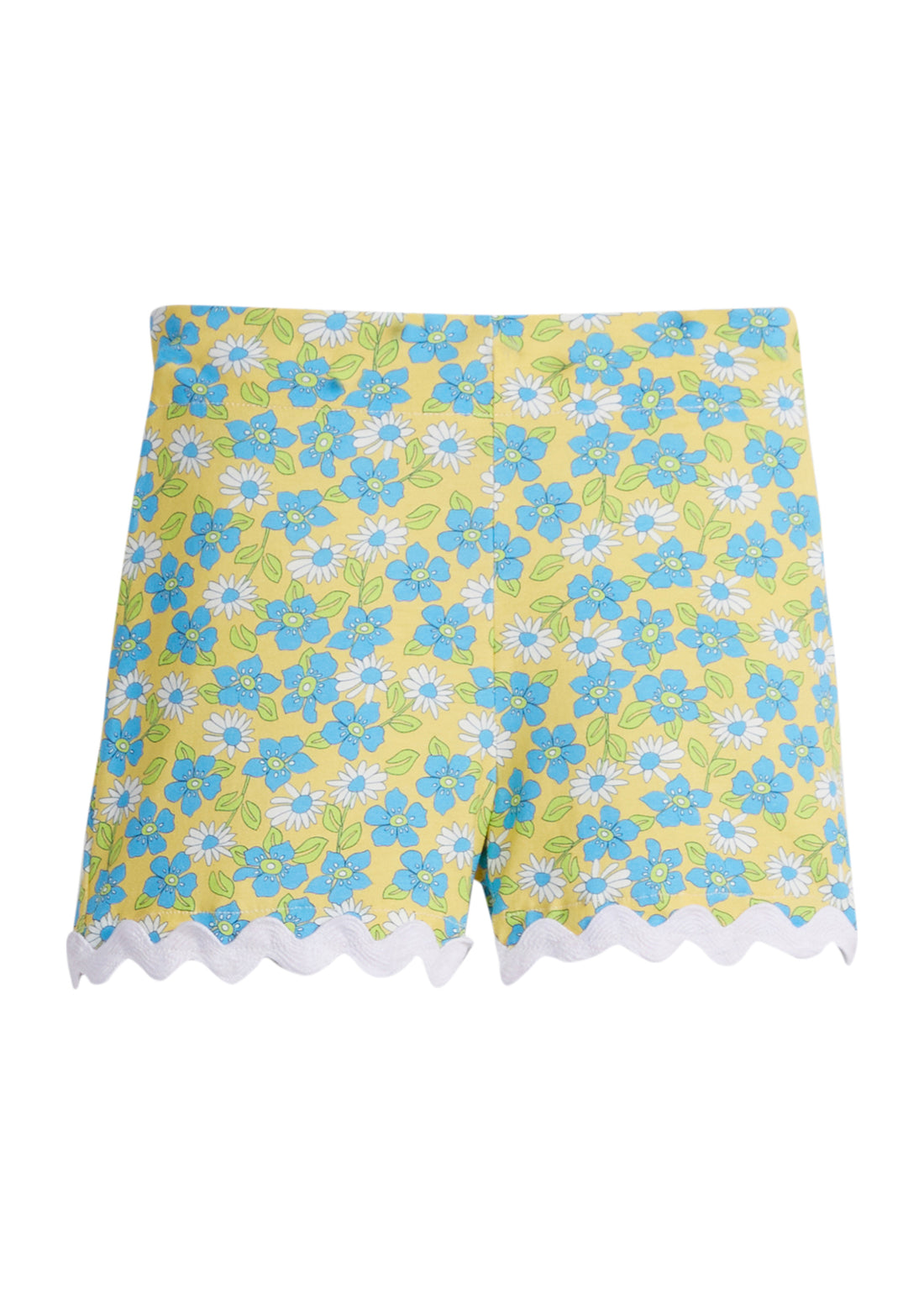 Girls/Tween knit shorts in a yellow/green/aqua floral print. Shorts feature an elastic waistband for a comfy fit and also have a gorgeous white ric rac detail along bottom. 