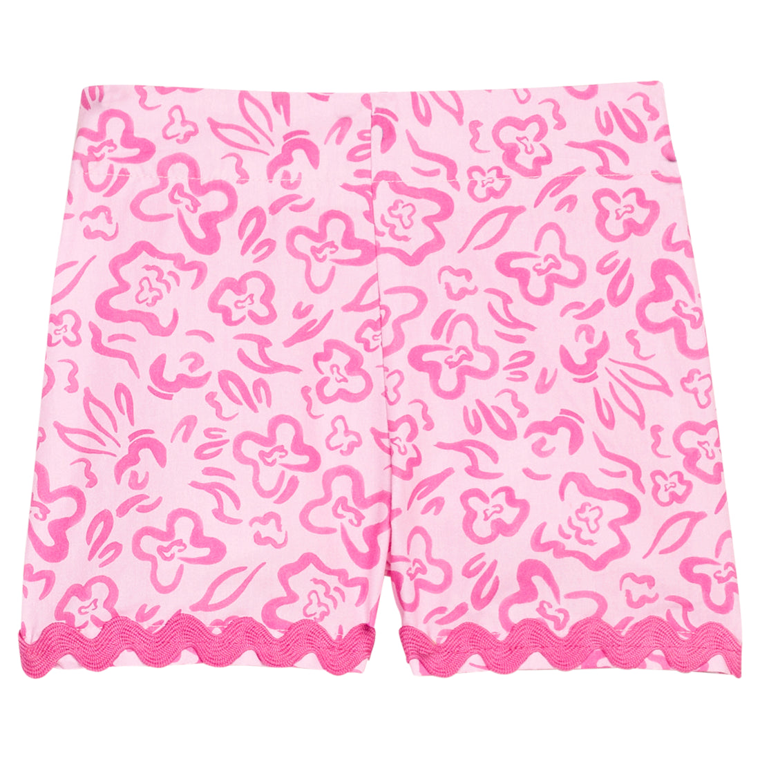 BISBY girl woven hot pink and bubblegum pink floral shorts. Shorts feature an elastic waistband and hot pink ric rac detail along bottom to complete the look.