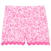 BISBY girl woven hot pink and bubblegum pink floral shorts. Shorts feature an elastic waistband and hot pink ric rac detail along bottom to complete the look.