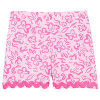 BISBY girl woven hot pink and bubblegum pink floral shorts. Shorts feature an elastic waistband and hot pink ric rac detail along bottom to complete the look.