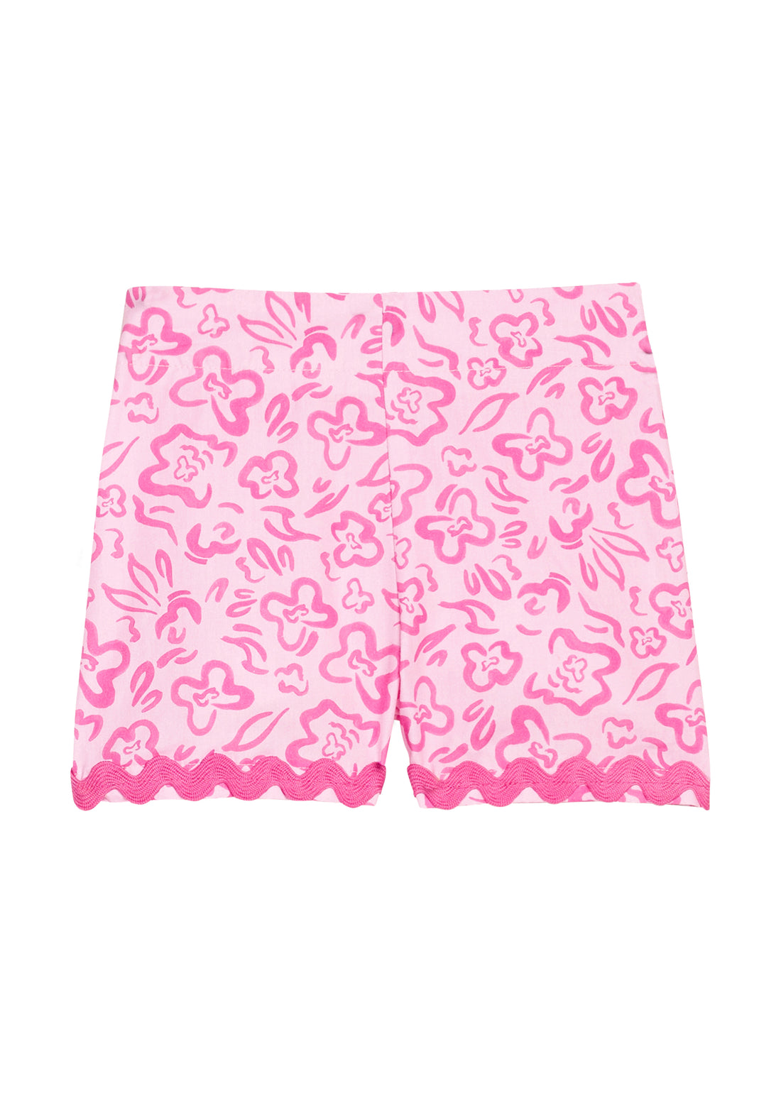 BISBY girl woven hot pink and bubblegum pink floral shorts. Shorts feature an elastic waistband and hot pink ric rac detail along bottom to complete the look.