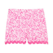 BISBY girl woven hot pink and bubblegum pink floral shorts. Shorts feature an elastic waistband and hot pink ric rac detail along bottom to complete the look.
