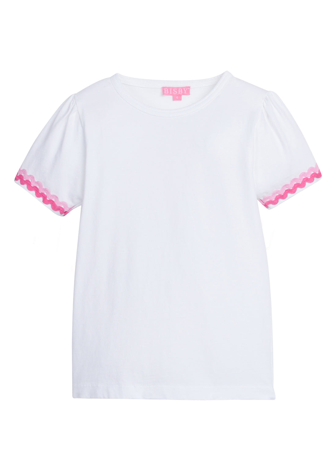 Girl/Tween white basic t-shirt that has hot pink and light pink ric-rac pattern along bottoms of sleeves.