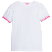 Girl/Tween white basic t-shirt that has hot pink and light pink ric-rac pattern along bottoms of sleeves.
