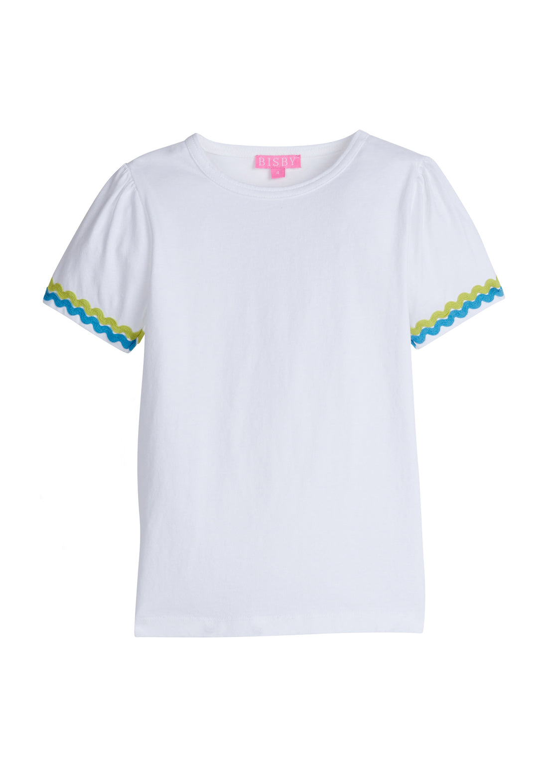 Girl/Tween white basic t-shirt that has zest green and aqua ric-rac pattern along bottoms of sleeves.