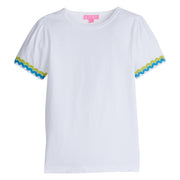 Girl/Tween white basic t-shirt that has zest green and aqua ric-rac pattern along bottoms of sleeves.