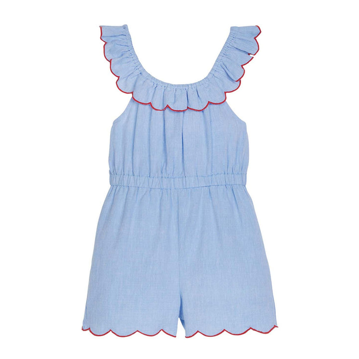 tween girls chambray romper with scalloped neckline and hem and red trim