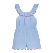 tween girls chambray romper with scalloped neckline and hem and red trim