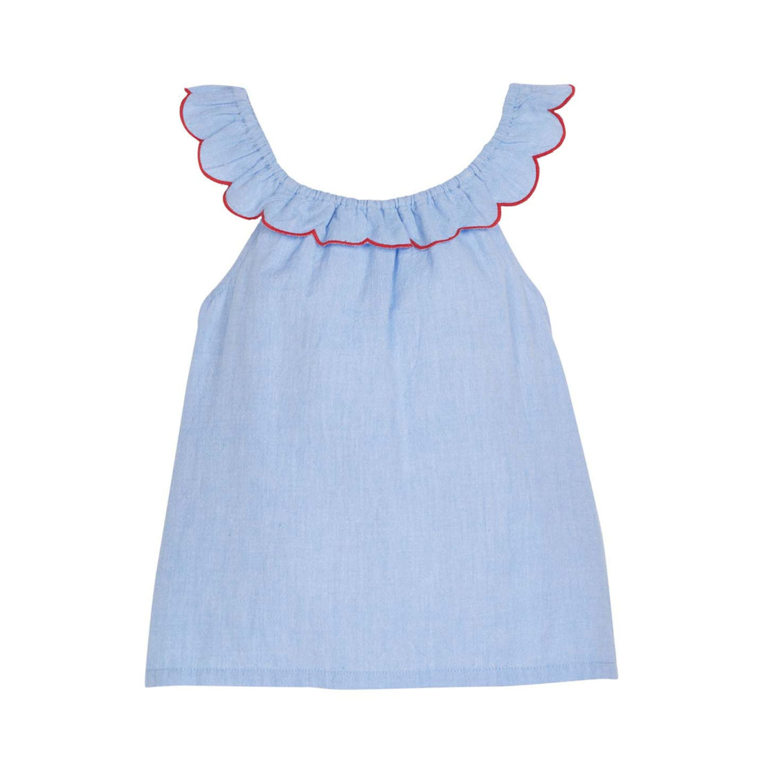 tween girls chambray top with scalloped neckline and red trim