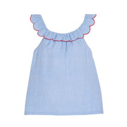 tween girls chambray top with scalloped neckline and red trim