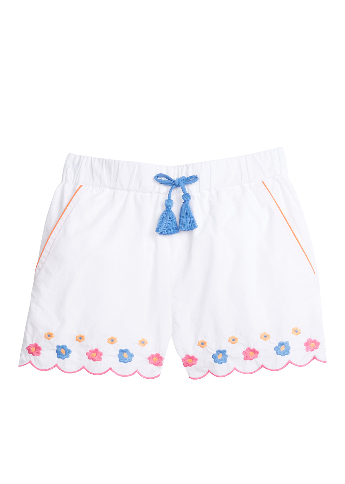 Girl/teen shorts with pockets that have an orange trim and blue faux tassel ties. Shorts also have embroidered blue, orange, and pink floral pattern along bottom of short, which also have a scalloped pink trim along bottom.