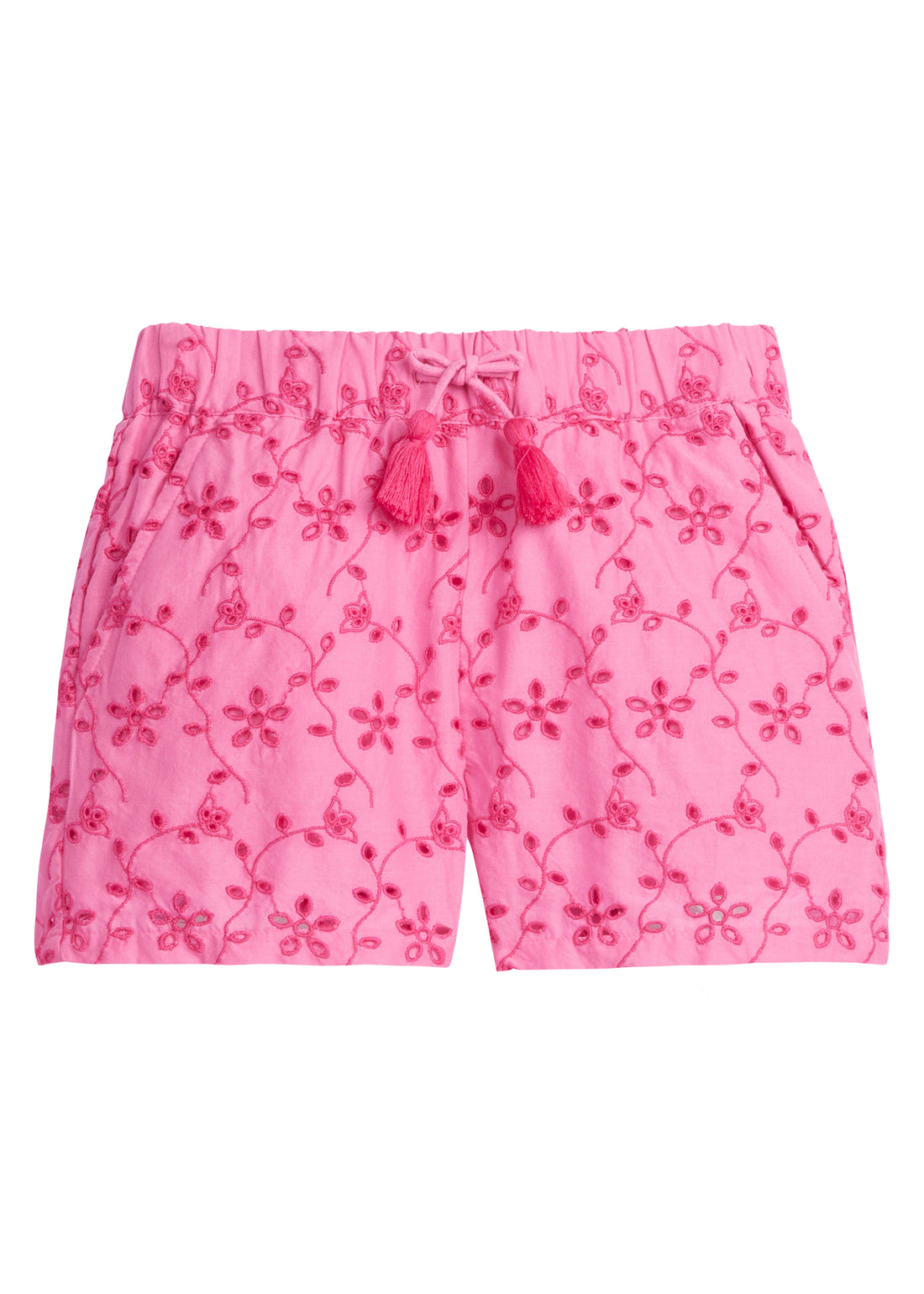 BISBY girl/tween shorts with pockets and an elastic waistband with fixed tie/tassles. Shorts also contain a beautiful eyelet embroidery in the hot pink