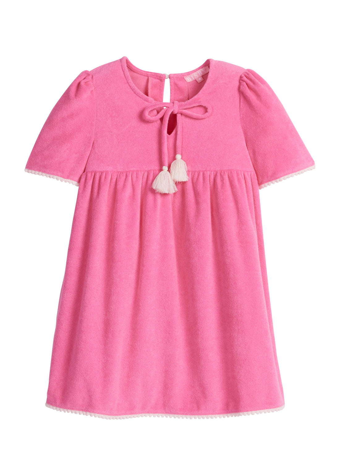 Girls/Tween hot pink terry cloth dress that features a slight v-neckline, light pink pom pom detail at sleeves, and tie tassels at top of neckline. There is also a button closure at back for a relaxed but secure fit. 