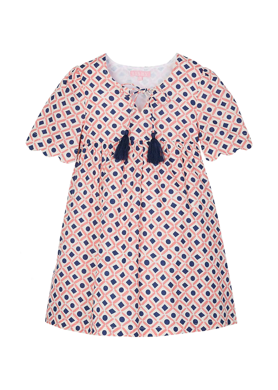 tween girls pink and navy geo print dress with scalloped sleeves and navy tassels