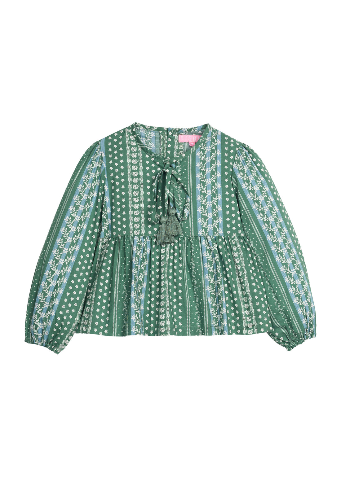 Girls/tween woven long sleeve top in a green/blue floral print. Top features tie tassel detail at neckline, elastic cuffs at sleeves, and button closures at back.