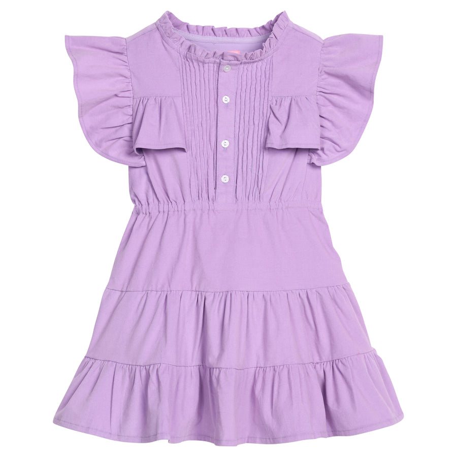 Girls/tween corduroy dress in Lavendar that features button closures at front, angel sleeves, and tier details for an elevated look. 