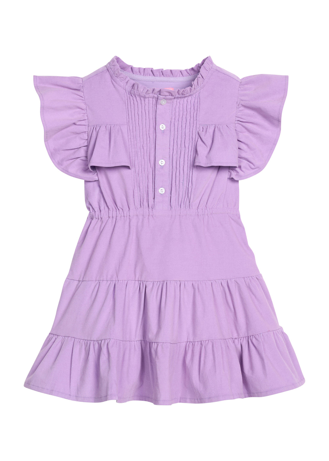 Girls/tween corduroy dress in Lavendar that features button closures at front, angel sleeves, and tier details for an elevated look. 