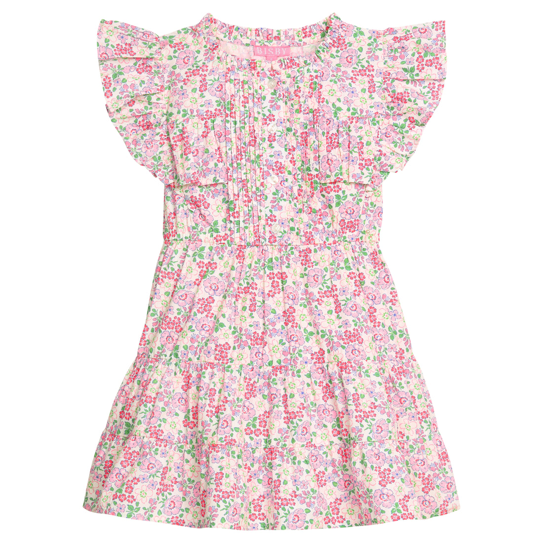 BISBY girl woven dress in a hot pink/pink/green floral print. Dress features big angel sleeves, button closure down front, and tier details for an elevated look. 