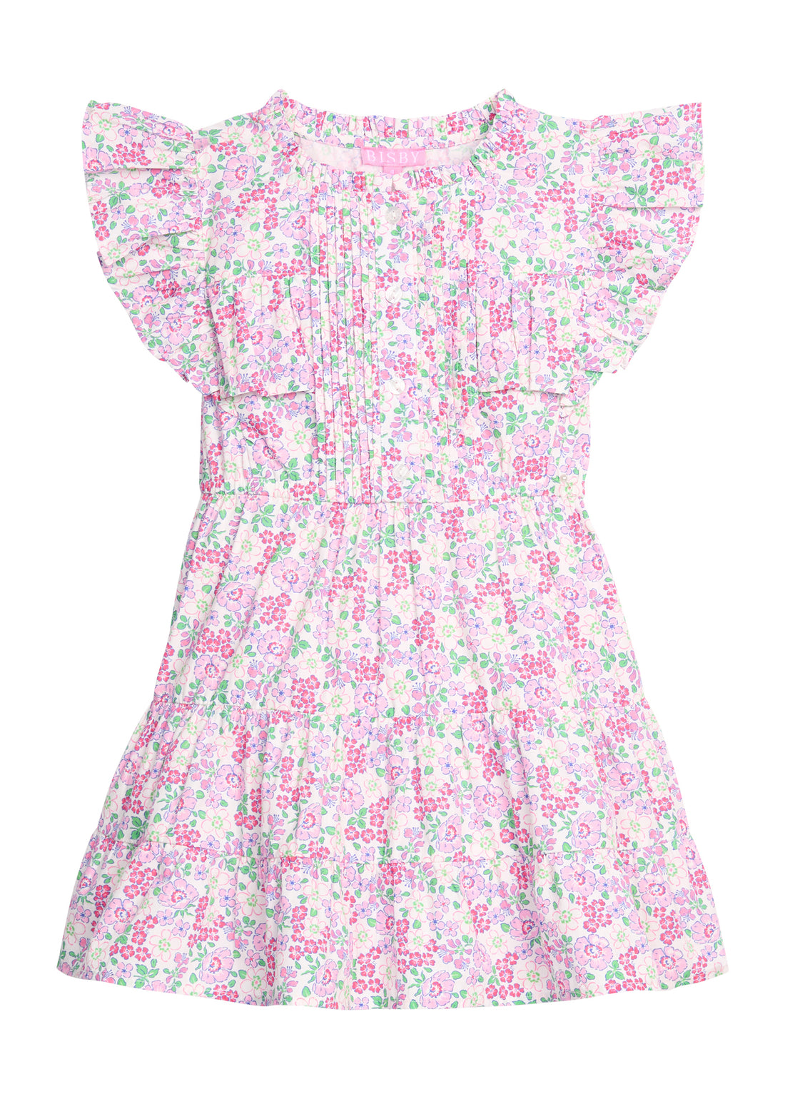 BISBY girl woven dress in a hot pink/pink/green floral print. Dress features big angel sleeves, button closure down front, and tier details for an elevated look. 