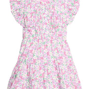 BISBY girl woven dress in a hot pink/pink/green floral print. Dress features big angel sleeves, button closure down front, and tier details for an elevated look. 