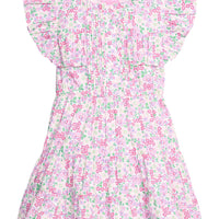 BISBY girl woven dress in a hot pink/pink/green floral print. Dress features big angel sleeves, button closure down front, and tier details for an elevated look. 