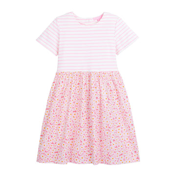 tween girls pink and white striped dress with pink floral skirt 