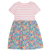 Girl/tween knit and woven dress with stripes on the top half and a beautiful floral pattern on the bottom half. The stripes are a pink and white stripe and the floral has blue, pink, green, red, and yellow throughout.
