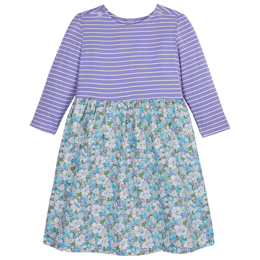Long Sleeve Dress with lilac and white stripes on top half and purple/green/blue hawaiin floral on bottom half--RosieDress BISBY girl/teen