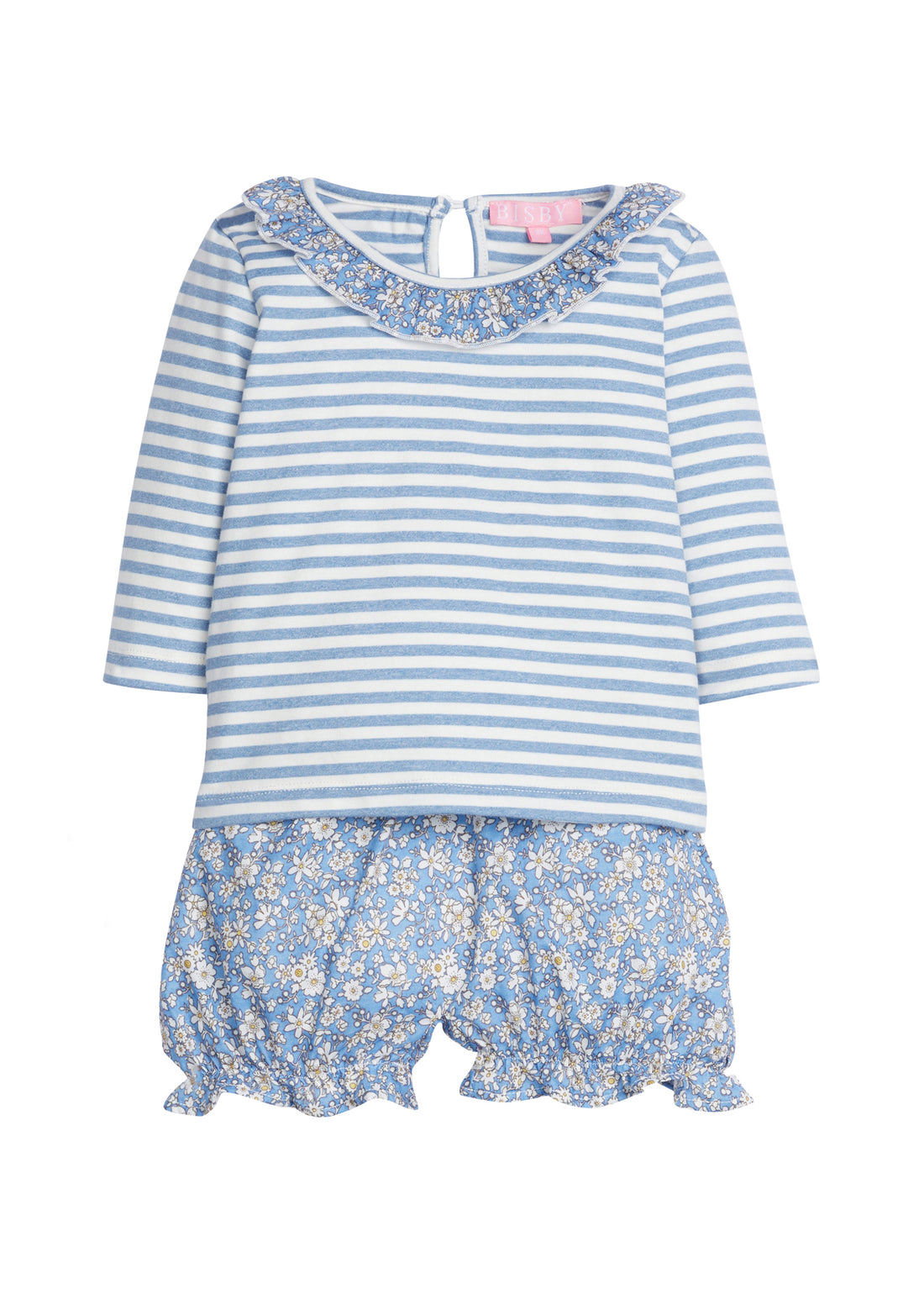Baby girl/toddler bloomer set in our Roland Floral Blue floral pattern. Set features a knit top with blue stripes and a floral ruffle neckline in our Roland Floral Blue pattern. The bottoms feature a woven fabric with elastic along the leg openings and is in our Roland Floral Blue pattern as well-BISBY