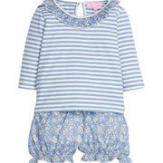 Baby girl/toddler bloomer set in our Roland Floral Blue floral pattern. Set features a knit top with blue stripes and a floral ruffle neckline in our Roland Floral Blue pattern. The bottoms feature a woven fabric with elastic along the leg openings and is in our Roland Floral Blue pattern as well-BISBY