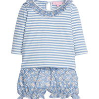 Baby girl/toddler bloomer set in our Roland Floral Blue floral pattern. Set features a knit top with blue stripes and a floral ruffle neckline in our Roland Floral Blue pattern. The bottoms feature a woven fabric with elastic along the leg openings and is in our Roland Floral Blue pattern as well-BISBY