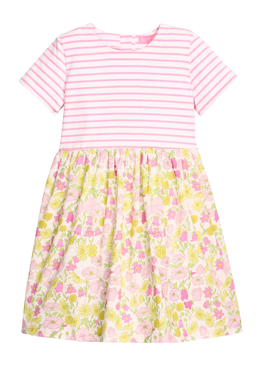 BISBY girl dress in half knit fabric and half woven fabric. The top of the dress is a knit pink and white fabric and the bottom of the dress is a woven pink and yellow floral fabric. Dress features button closure at back as well for a secure but comfy fit.