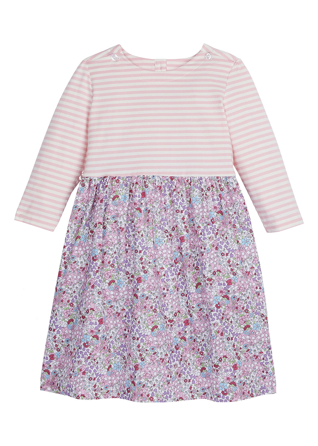 Long Sleeve dress with pink and white stripes across top half and purple/pink floral pattern on bottom half--RosieDress BISBY girls/teens