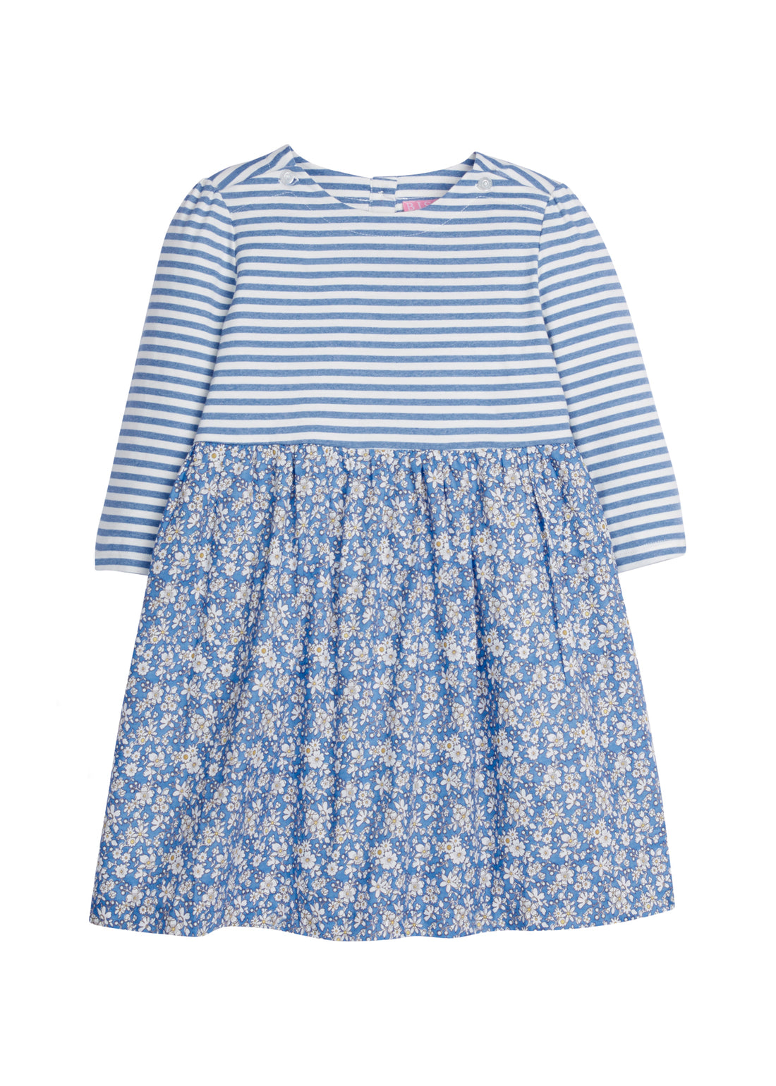 Girls dress in our Roland Floral Blue floral pattern which features a blue and white knit top half and woven floral pattern on bottom half. Dress is super lightweight and has button enclosures on the back and at top of sleeves-BISBY