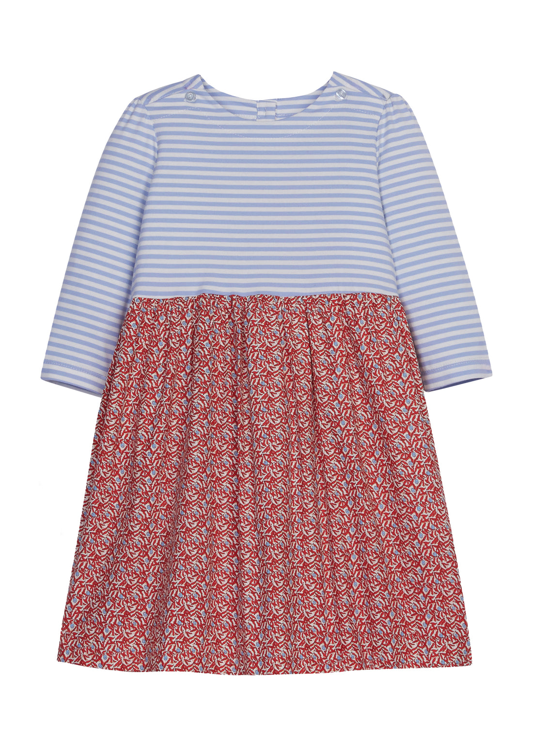 Long sleeve dress with blue and white stripes on top and red christmas floral pattern on bottom half--RosieDress BISBY girl/teen